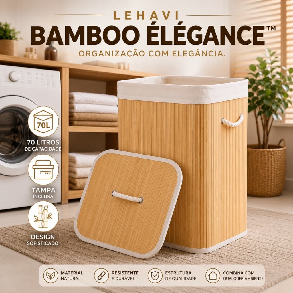 Cesto Organizador 70L em Bambu Com Tampa e Alças Para Roupas Lavanderia Quarto Banheiro Closet Em Bambu