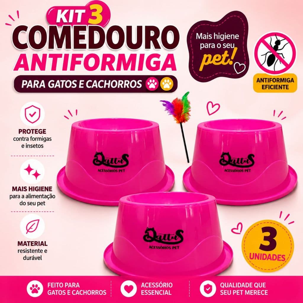 Kit 3 comedouros antiformiga elevado para cães e gatos DATTUS