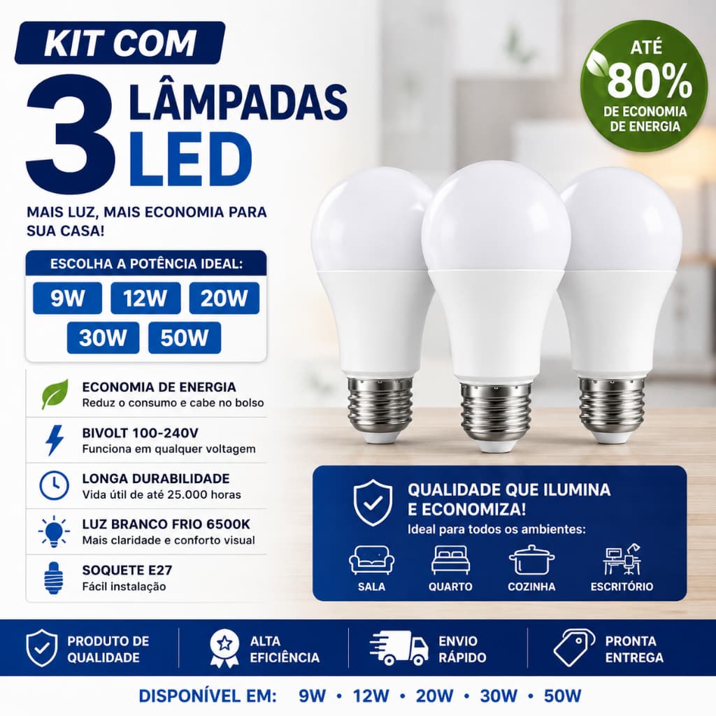 Kit com 3 Lâmpadas LED Bivolt E27 – 12W | 20W | 30W | 50W – Luz Branca Fria