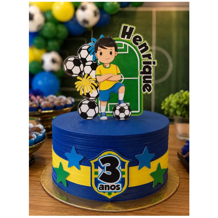 topo de bolo futebol do brasil menino com bola nome personalizado e idade MODELO SIMPLES SEM CAMADA