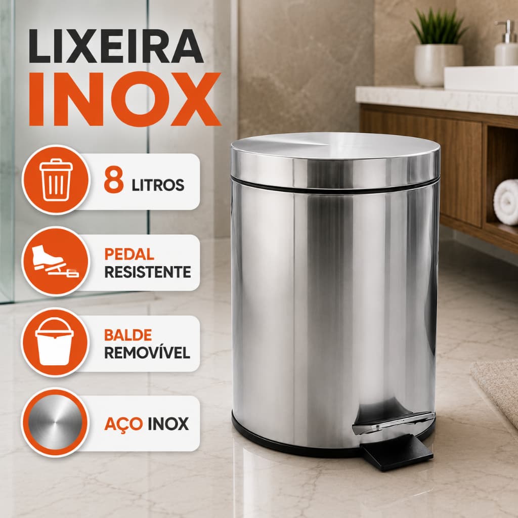 🗑️ Lixeira Inox 8L Com Pedal E Cesto Balde Removível Banheiro e Cozinha Lixo 8 Litros Tampa Redonda
