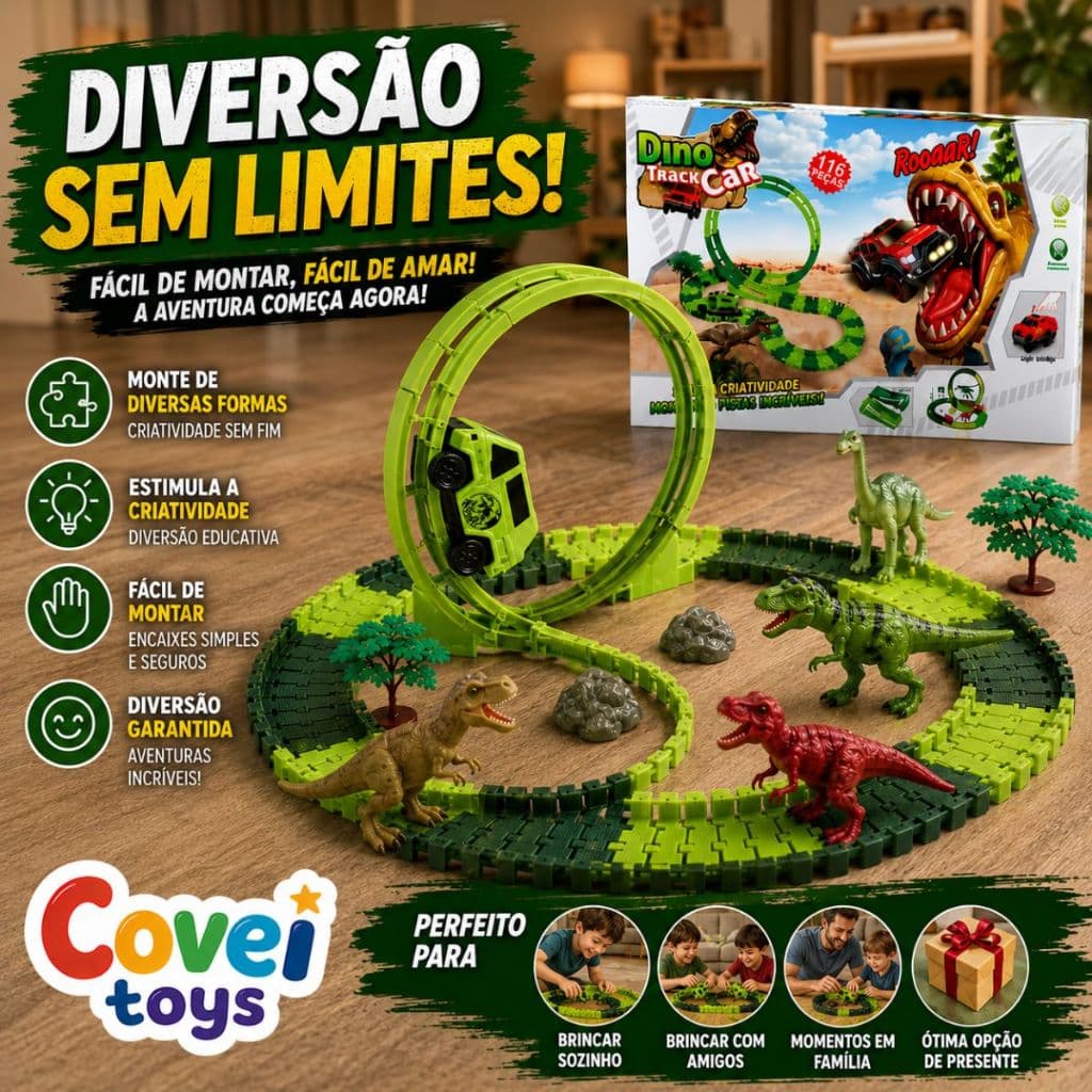 Pista Dinossauro Dino Track Car 116 Peças Com Looping Carrinho Trilhos Flexíveis E Dinossauros