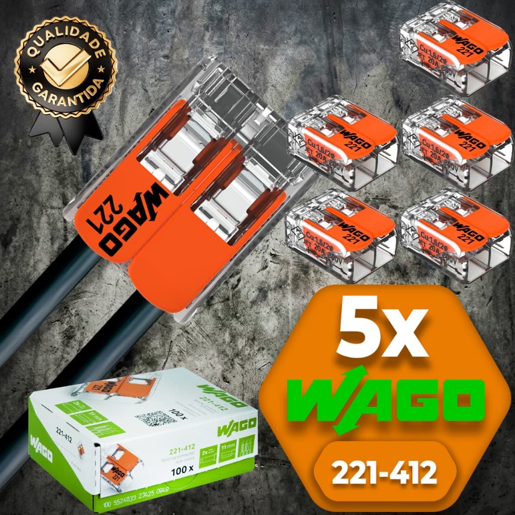 Conector de Fio Elétrico Wago 221-413 Conector Wago Emenda 4mm² 32A conexão automática Kit 5 peças