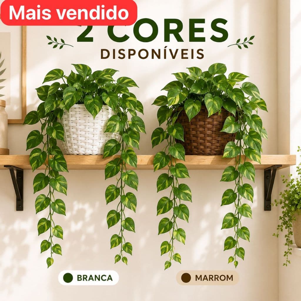 Vaso Decorativo Branco ou Marrom com 3 Pendentes Hera Artificial