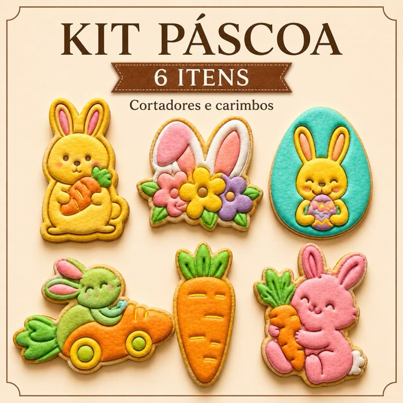 Kit 6 Cortadores Páscoa C/ Carimbo - Coelhos, Ovos e Cenoura - P/ Biscoito e Biscuit (6,5cm)