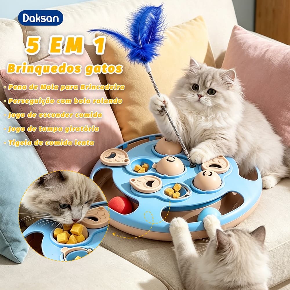 Brinquedo Interativo 5 em 1 para Gatos com Dispenser de Petiscos e Comedouro Lento