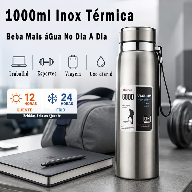 Garrafa 1000ml Inox Térmica Parede Dupla Copo De Água A Vácuo Com Filtro E Cordão Portátil