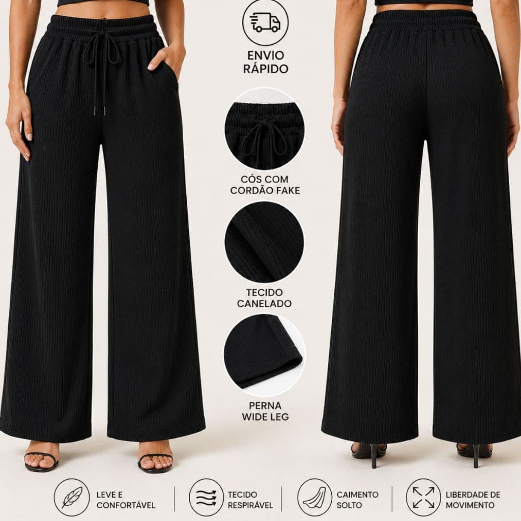Calça Pantalona Feminina Tecido texturado Calça Feminino Cintura Alta Pantalona Anarruga Com Bolso