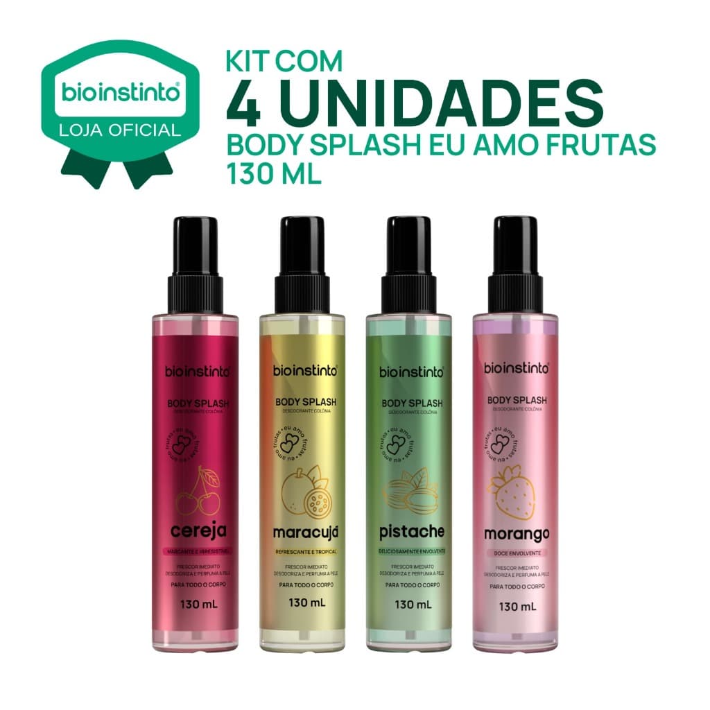 04 Body Splash FRUTAS 130ml Bio Instinto Desodorante Corporal Fragrância Irresistível Lançamento