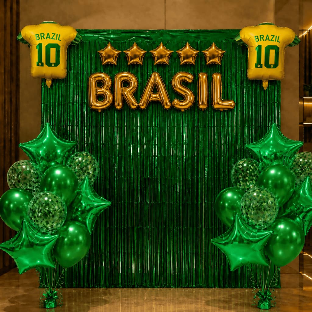 Kit Decoração Completa Copa do Mundo Brasil Balões Festa Brasil + Cortina Metalizada Letra Brasil