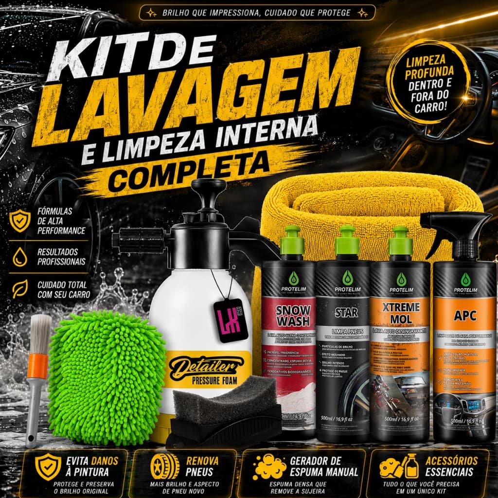 Kit Completo para Lavar Carro Pulverizador Shampoo Snow Wash Xtreme Mol  Star Apc Limpa Interna