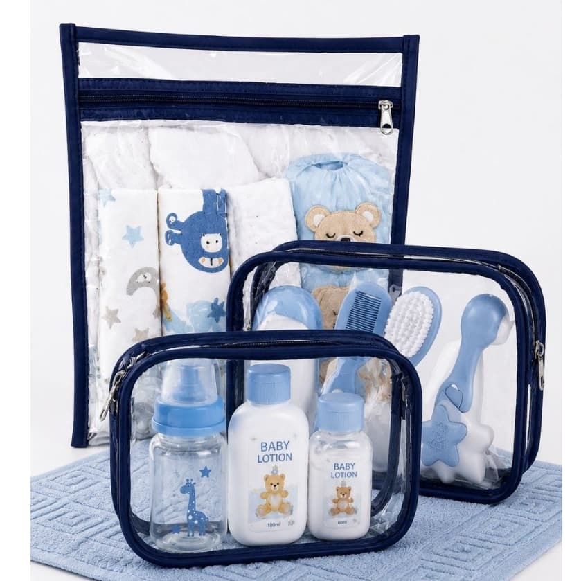Kit Organizador Maternidade Viagens Transparente – 3 Peças