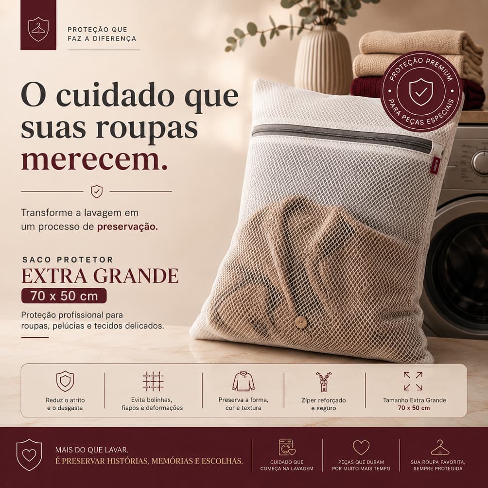 Saco Extra Grande 70x50 para Lavar Roupas Delicadas Pelucia Casacos Tricô Intima