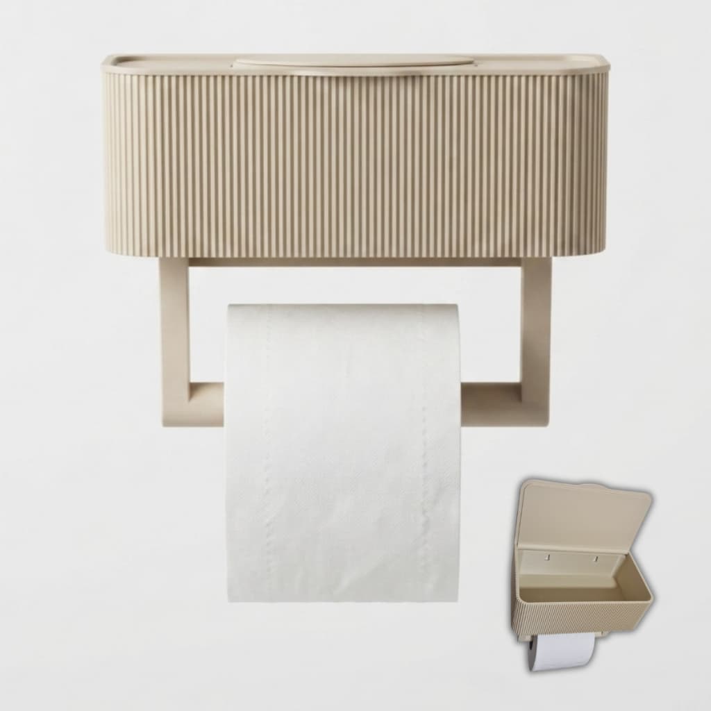 Suporte Papel Higiênico com Porta Lenços Umedecidos Japandi Organizador Banheiro 3D