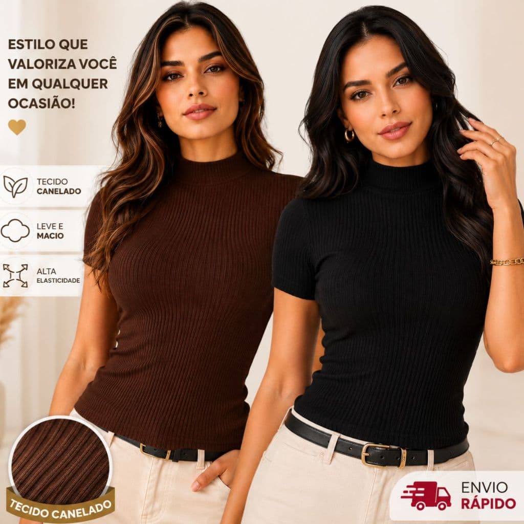 Blusa Feminina Canelada Manga Curta Gola Alta Básica Camiseta Feminina Baby Look Estilosa