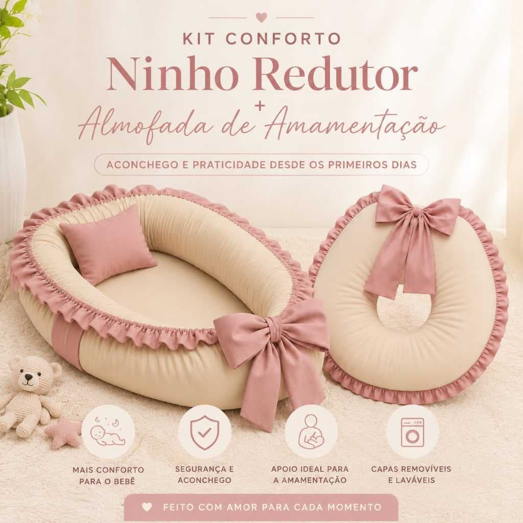 Kit Ninho Redutor e Almofada de Amamentação Micro Percal 400 Fios Premium com Babado