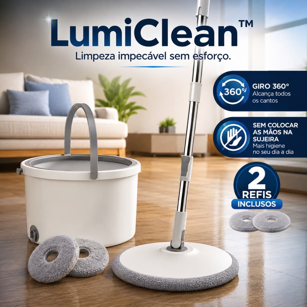 Mop Giratório 360° com Balde Centrífuga 2 Refis Microfibra Limpeza Fácil LumiClean