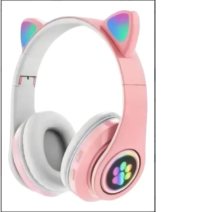Fone de Ouvido Bluetooth Led Orelha Gato Cor Rosa Luz Colorido