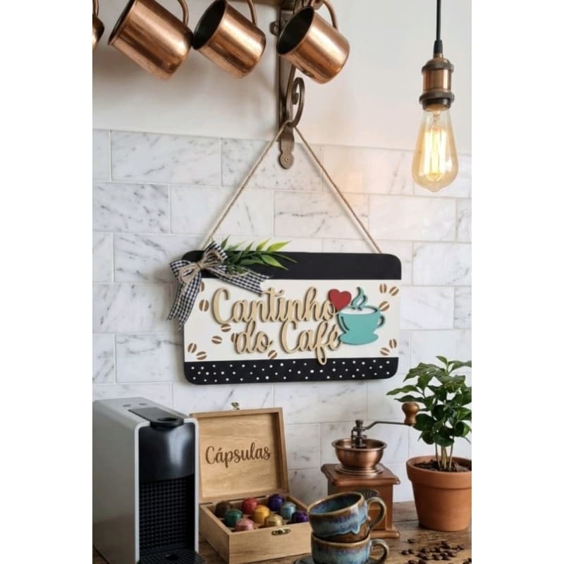 Placa Decorativa Cantinho do Café  com Ganchos Porta Xícaras