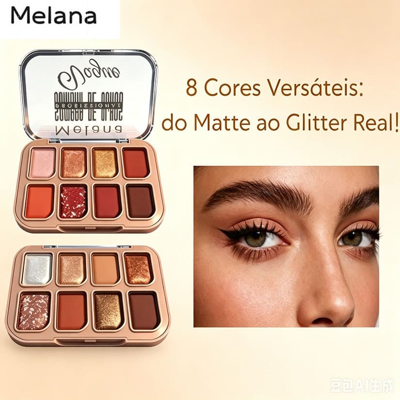 Paleta De Sombras De 8 Cores Mistura Matte, Satin e Glitter Intenso, Fácil de Misturar, Alta Pigmentação