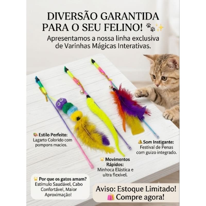 VARINHA INTERATIVA 3 EM 1   VARA PARA GATOS COM PENAS POMPOM E COBRINHA