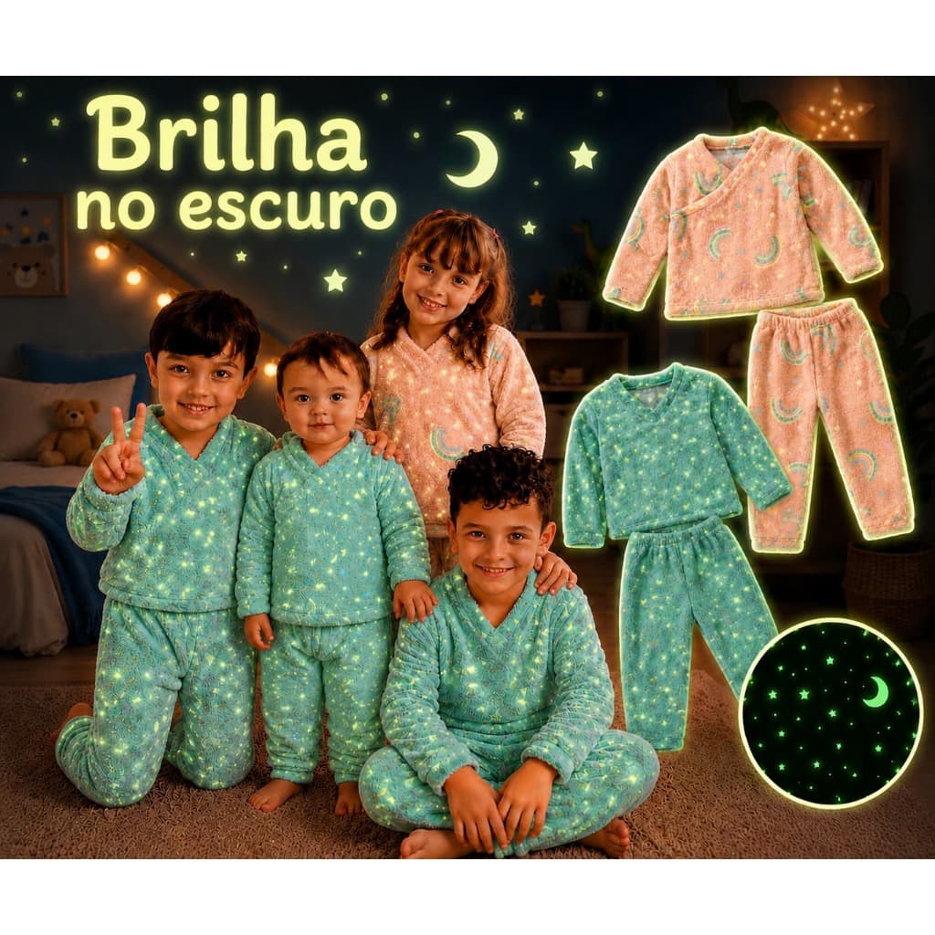 Pijama Infantil Brilha No Escuro Flanelado, Quentinho Menina e Menino Unissex