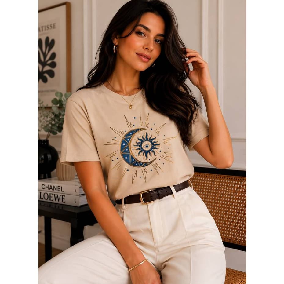 Camiseta Feminina Estampa Sol e Lua Astral Chic Moda e Elegancia!