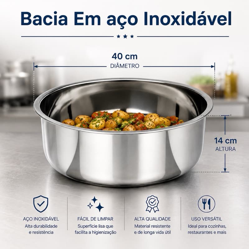 Bacia Grande Inox 14 Litros Aço Inoxidável Resistente Multiuso Cozinha Panificação Alta Durabilidade Profissional Doces