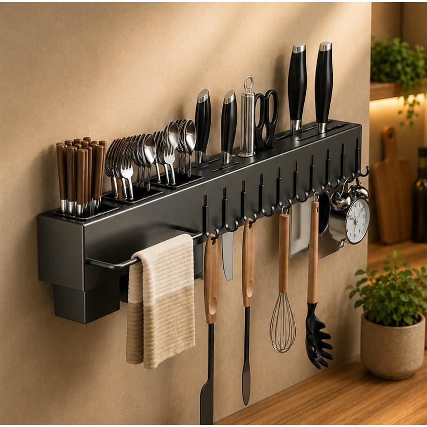 Organizador de Utensílios com 10 Ganchos – Multifuncional /Sem Furo+Dreno em Aço Inox-Organiza a bancada-suporte pano