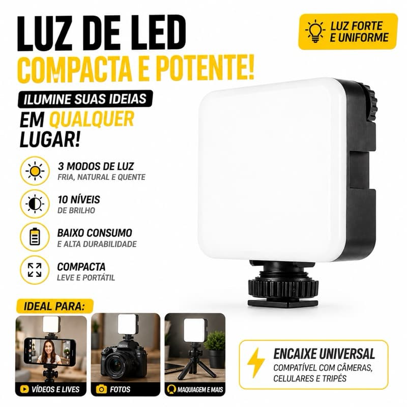 Luz LED Recarregável Celular Câmera 3 Modos 10 Níveis Fotos Vídeos Lives Universal Portátil USB Pro!