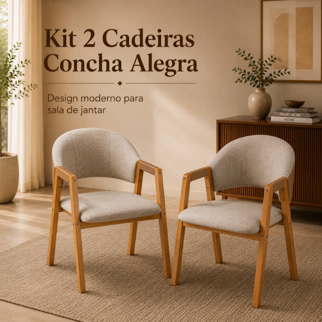 Kit 2 Cadeiras Concha Alegra Estofada Linho Sala de Jantar Moderna Luxo Estrutura Reforçada
