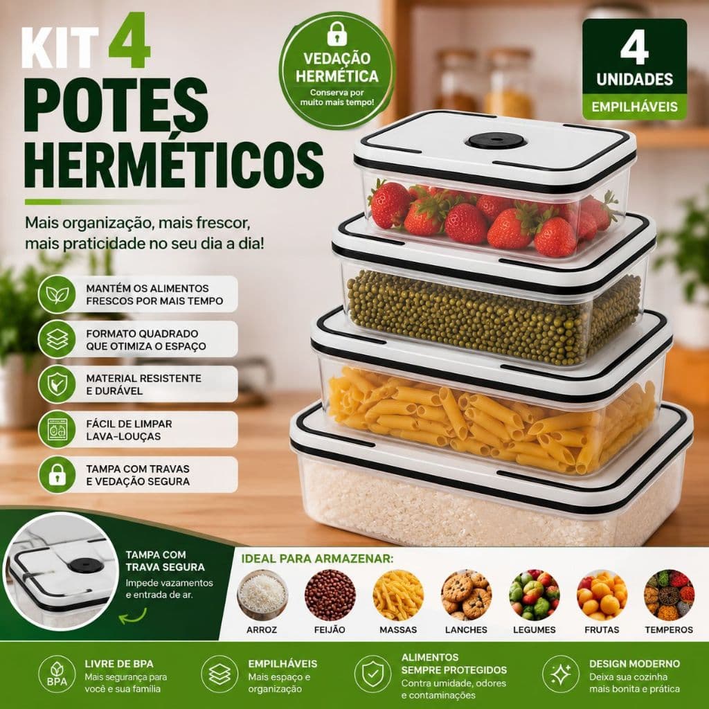 Conjunto Potes Plastico Hermetico Quadrado 4 Pecas Tampa Vedante Cozinha Organizador