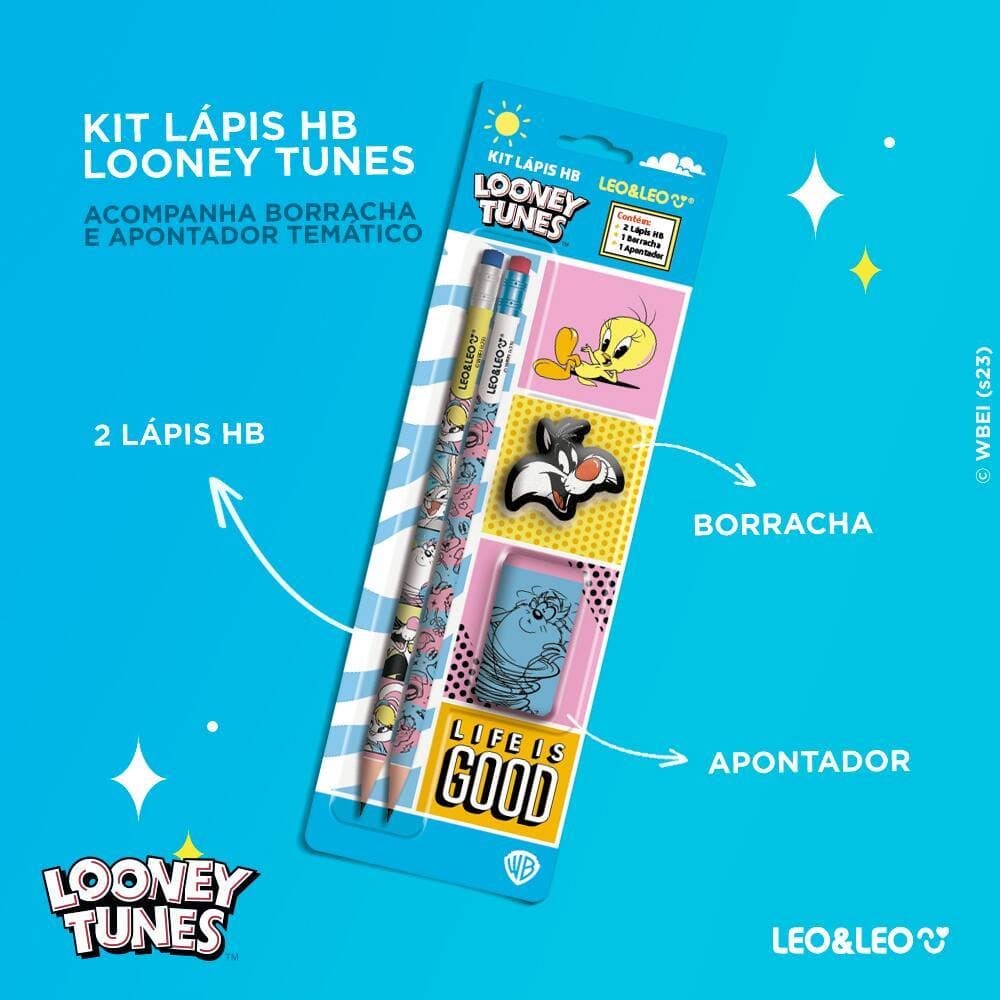 Kit Escolar Leo&Leo Looney Tunes 2 Lápis HB ,Apontador e Borracha