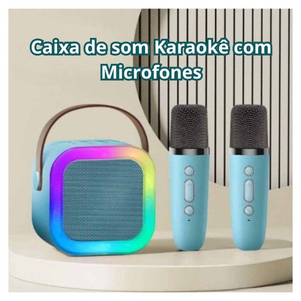 Caixinha De Som Karaokê Bluetooth Com 02 Microfones - caixa de som compacta - divertida para crianças - com luzes de led
