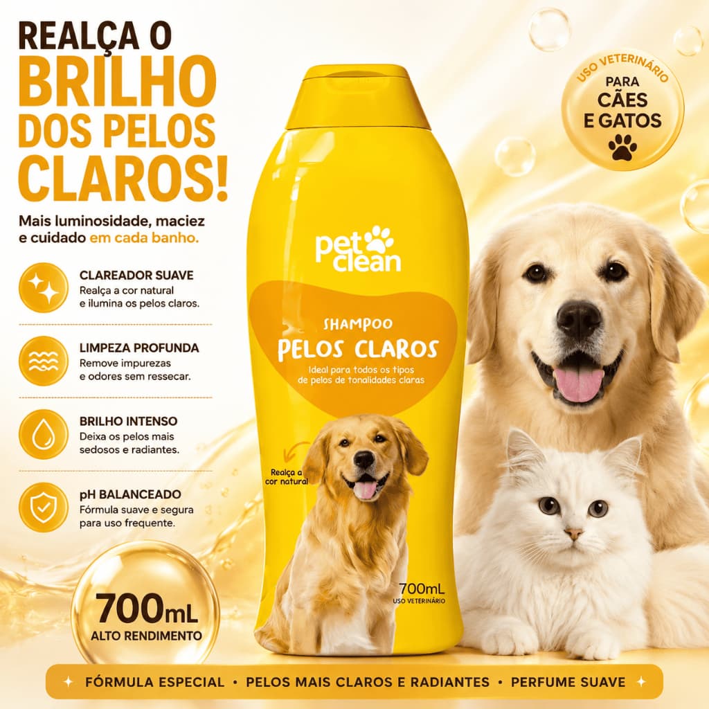 Shampoo Pet Clareador Pelos Claros 700ml Pet Clean para Cães e Gatos