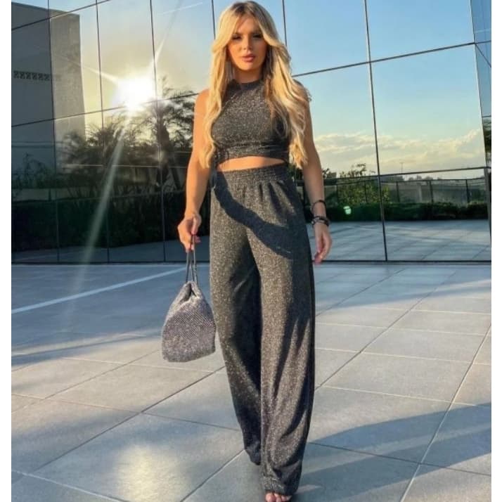 Conjunto feminino lurex calça e cropped con brilho tendência
