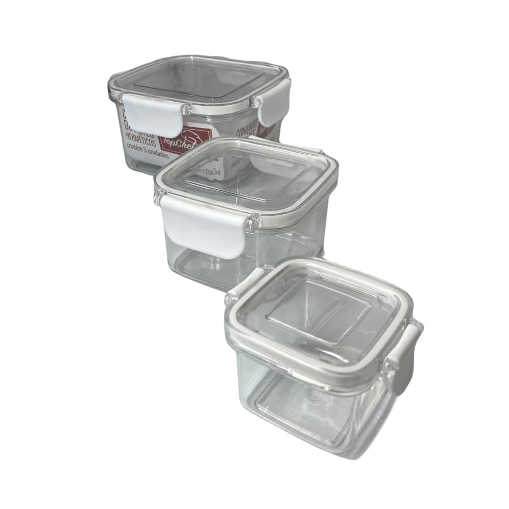 Potes Herméticos Quadrados de Plástico Kit 3 Peças - Organização e Frescor Máximo para Sua Cozinha