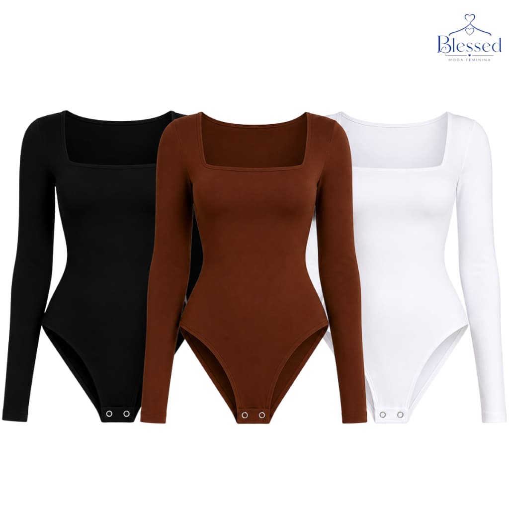 Kit 3 Body Decote Quadrado Feminino Segunda Pele Manga Longa Suplex