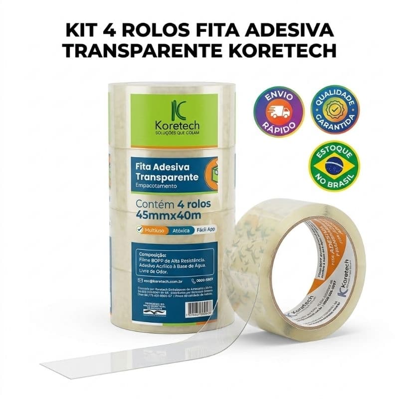 Fita Adesiva Transparente Larga Koretech Embalagem Caixa Empacotamento Mudança Forte BOPP 45mm