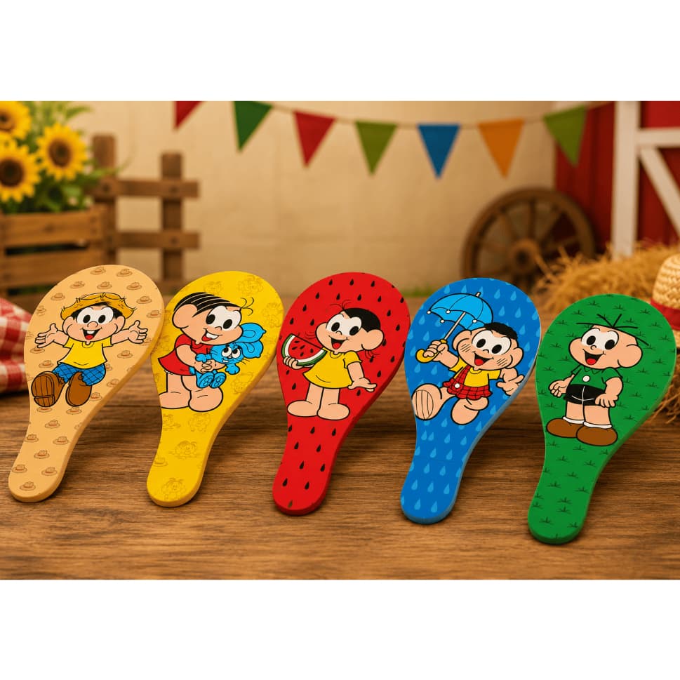 Kit 10/20/30 Pares Raquete Madeira Turma da mônica – Lembrancinha Festa Infantil personagens da Turminha + Bolinha