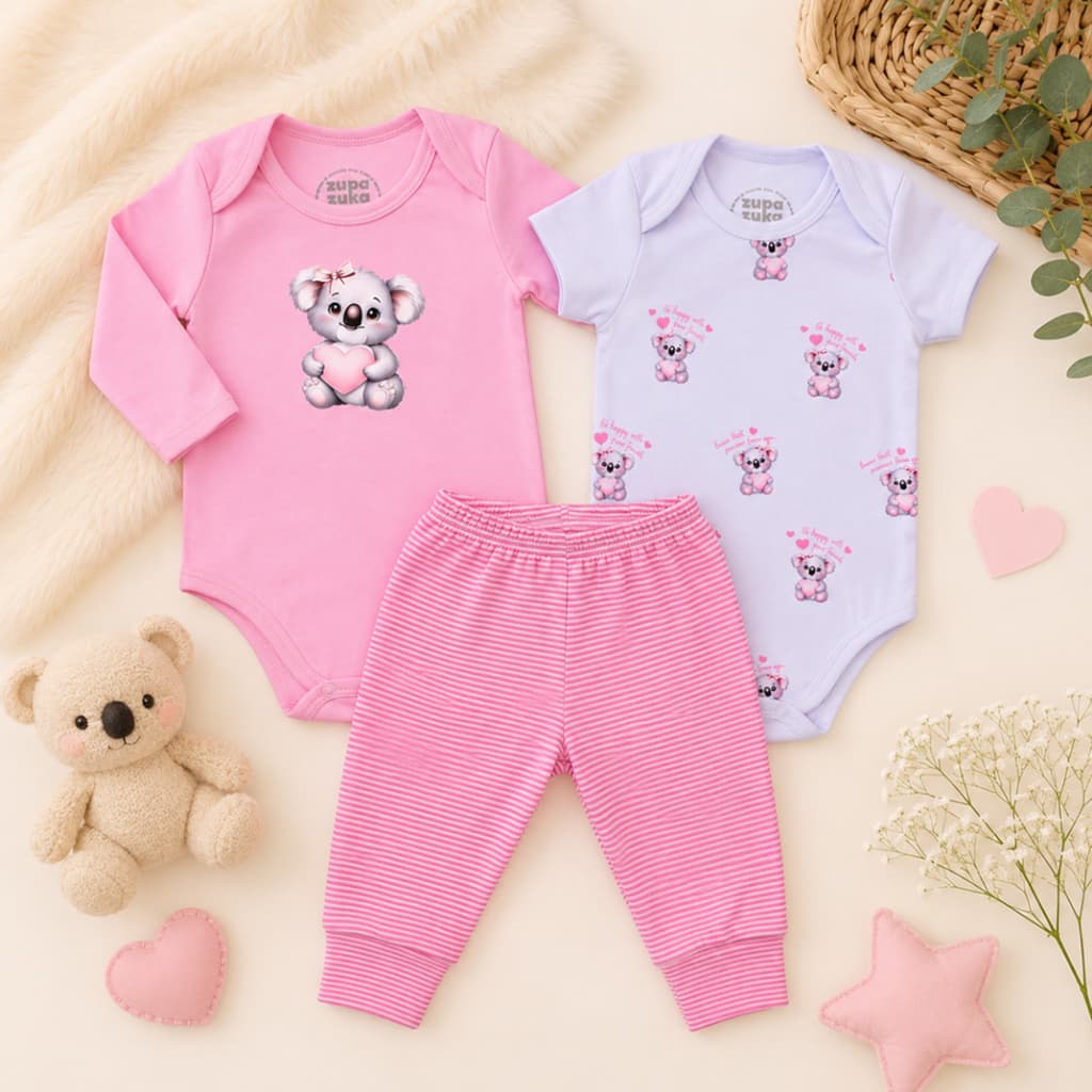 Kit Body Bebê 3 peças, Manga Longa, Manga Curta e Calça Roupas de Bebê Conjunto de Bebê Coala