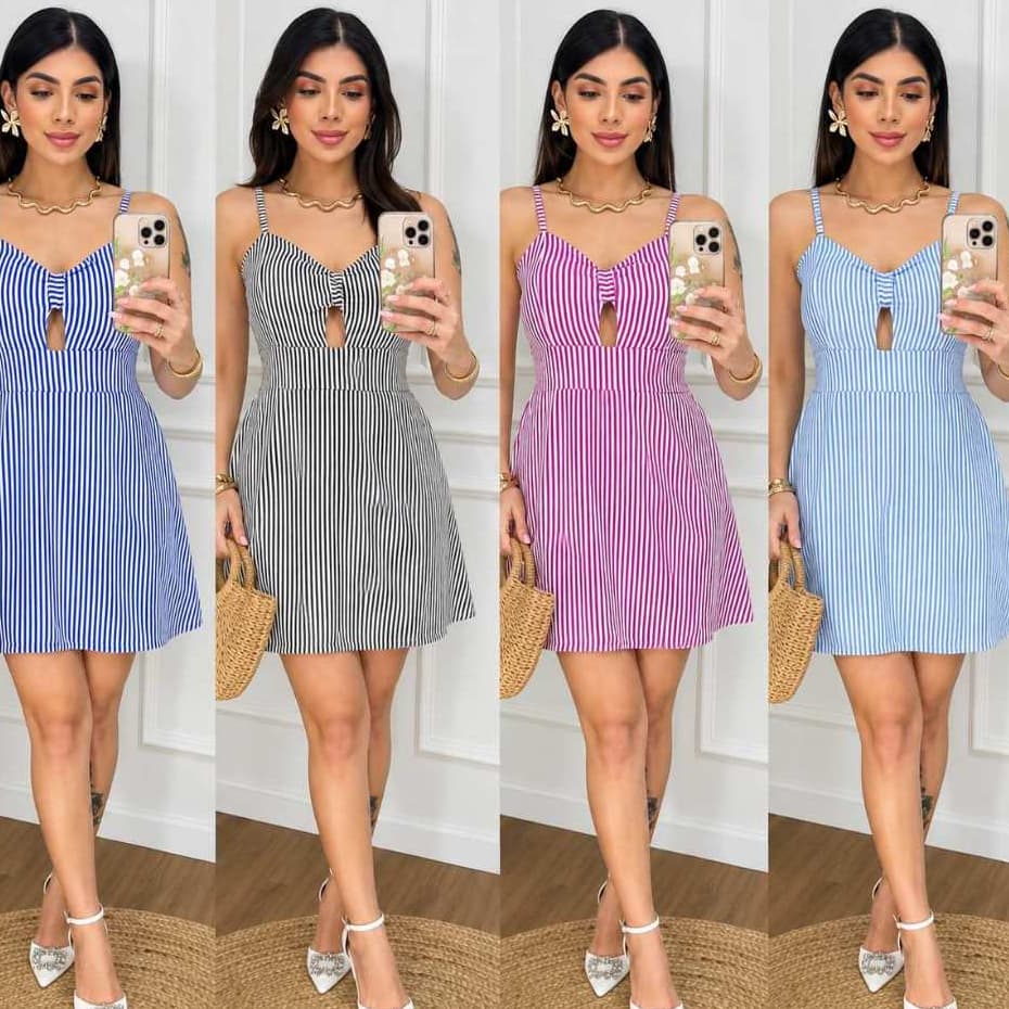 Vestido Curto Macaquinho Listrada com Alcinha Ajustável / Elastex nas Costas