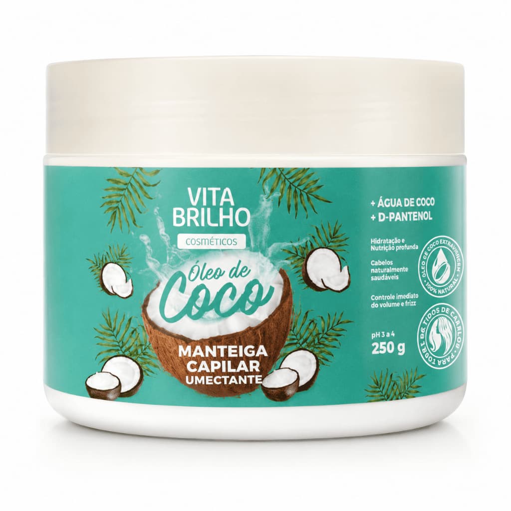 Manteiga Capilar Óleo de Coco 250g Vita Brilho Umectante Água de Coco D-Pantenol Hidratação Nutrição
