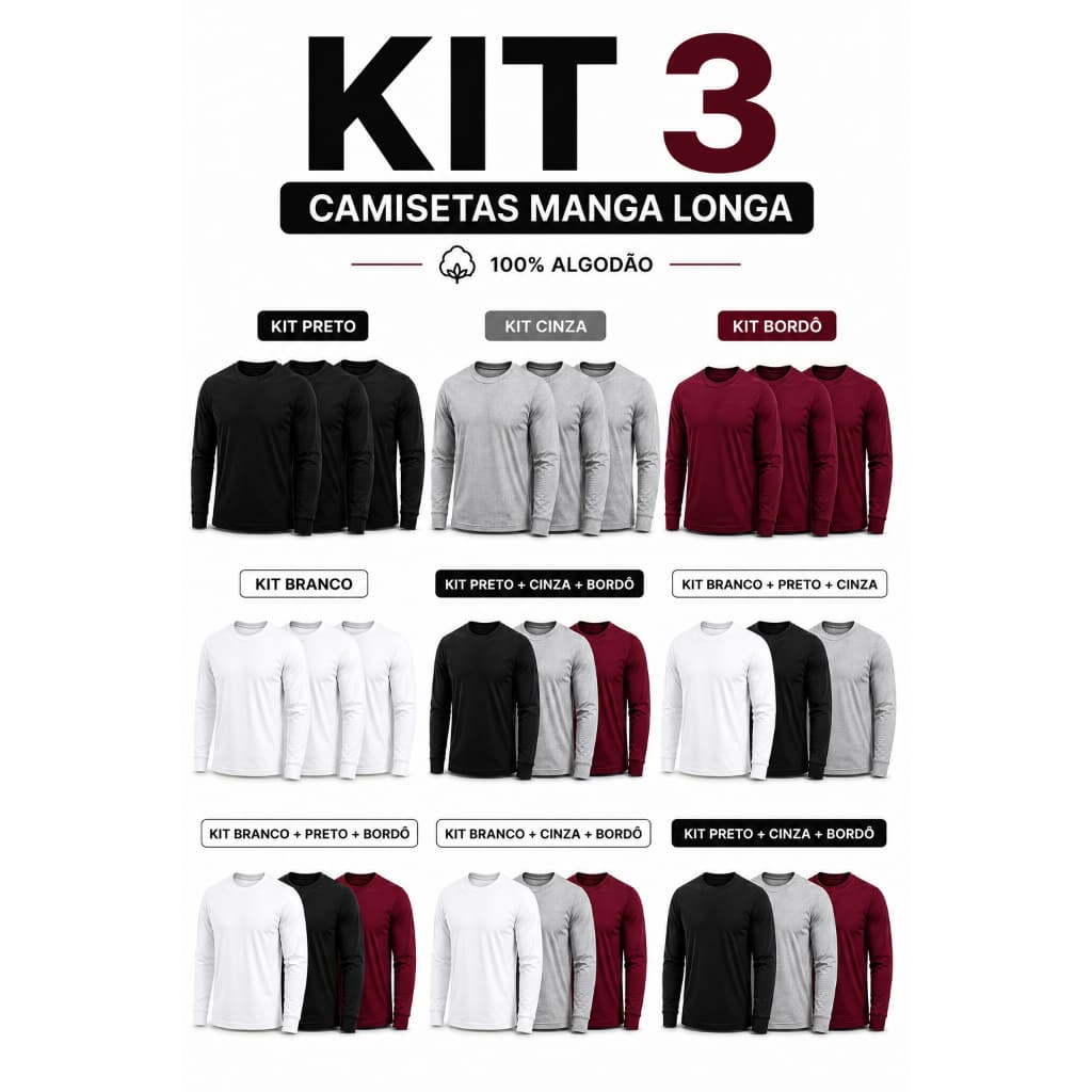 Kit 3 Camiseta Masculina Manga Longa com punho Lisa 100% Algodão Trabalho Frio