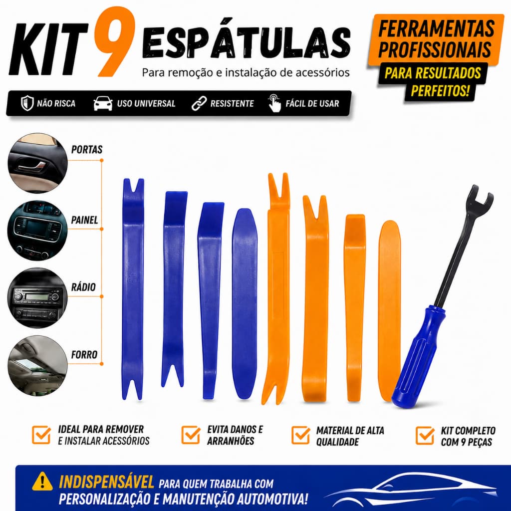 Jogo De Espatulas Ferramenta De Nylon Desmontar Painel Forro De Porta Automotivo Com 9 pecas