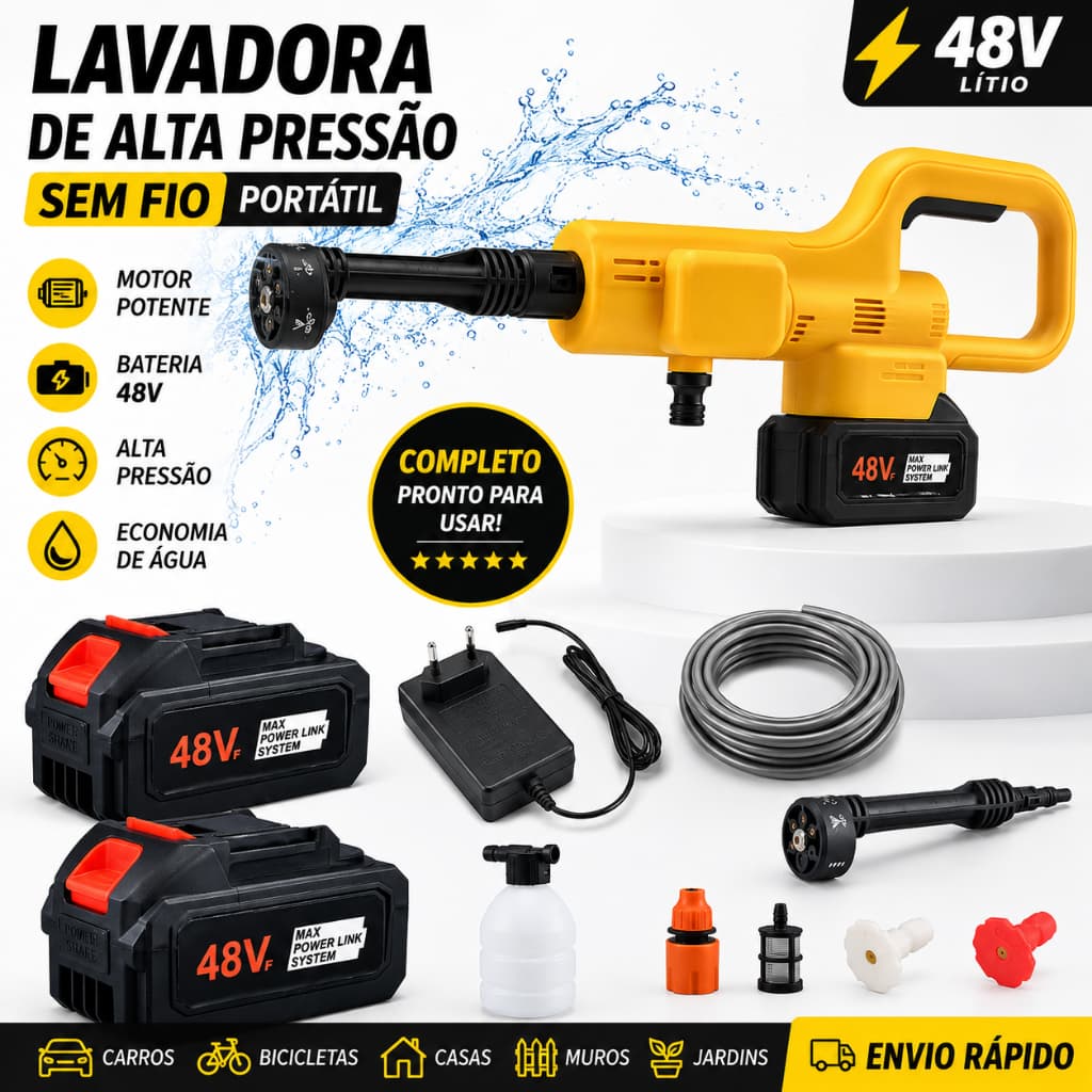 Lavadora 48V Alta Pressão Profissional com 2 Baterias – Super Potente Jato Forte Uso Premium