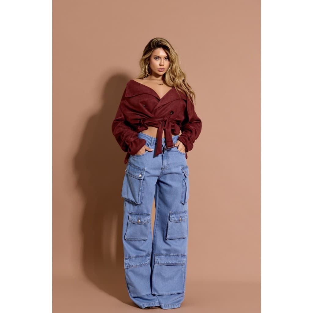 CALÇA CARGO PREMIUM RJ - JEANS CLARO E ESCURO - Calça Feminina cargo lisa bolsos utilitarios tendencia glitter jeans
