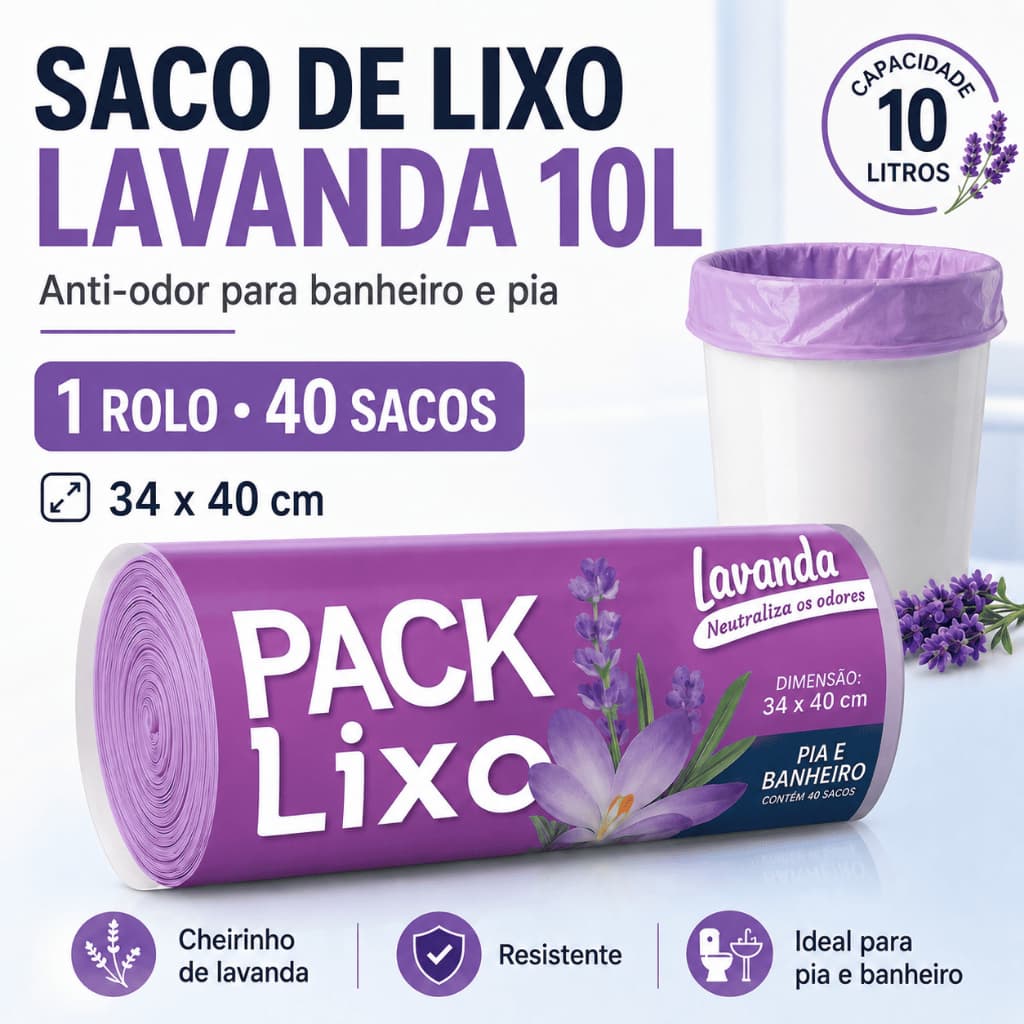 Saco Lixo Perfumado Lavanda 10L 34cm x 40cm Pia Banheiro Anti Odor Reforçado Neutraliza Odores Não Vaza