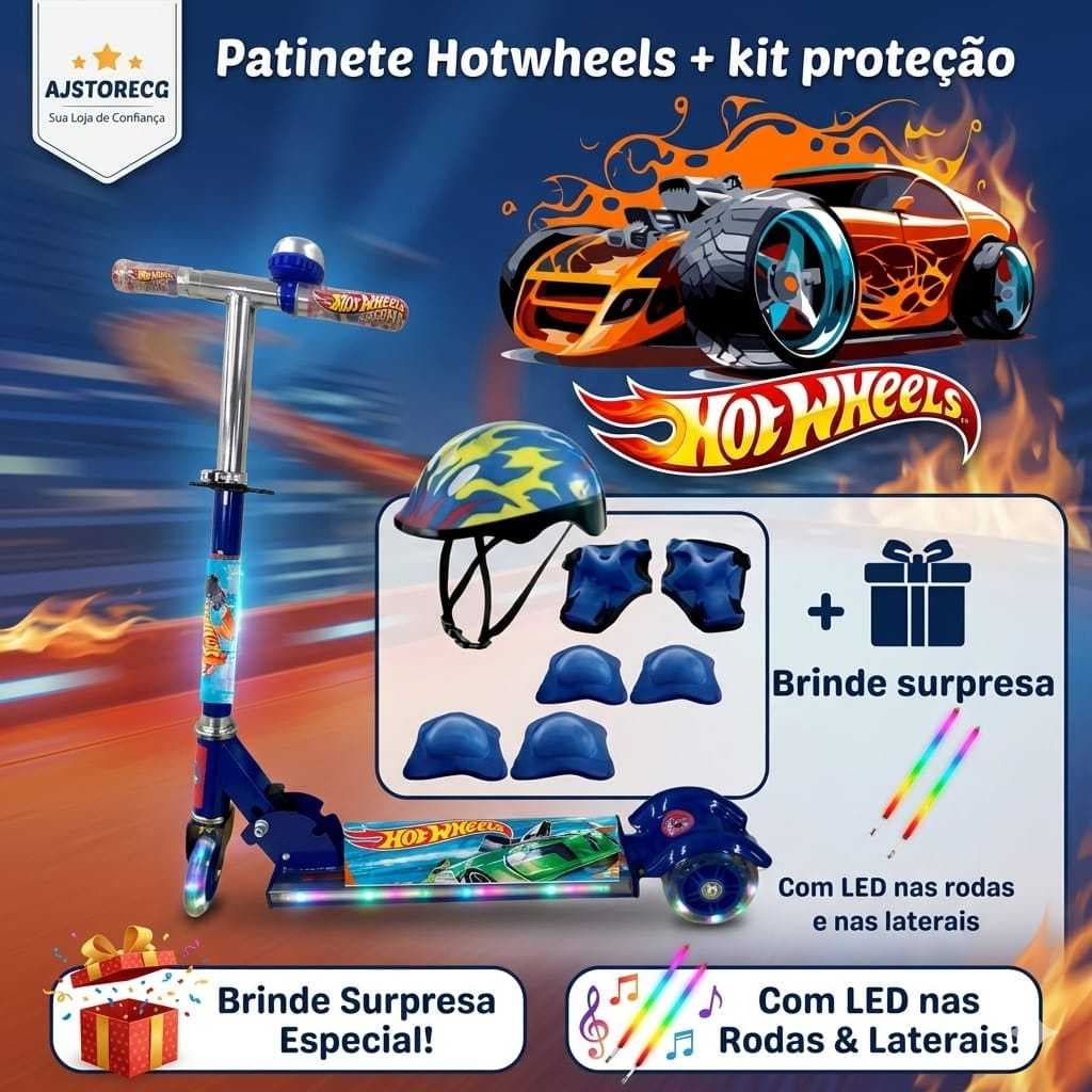 Patinete de Ferro Infantil HOT WHEELS + Kit Proteção Adesivo Personalizado + Envio Para Todo Brasil + Surpresa