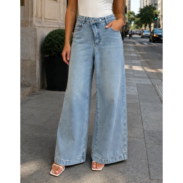 Calça Jeans Wide leg Feminina Com Stress E Cós Deslocado